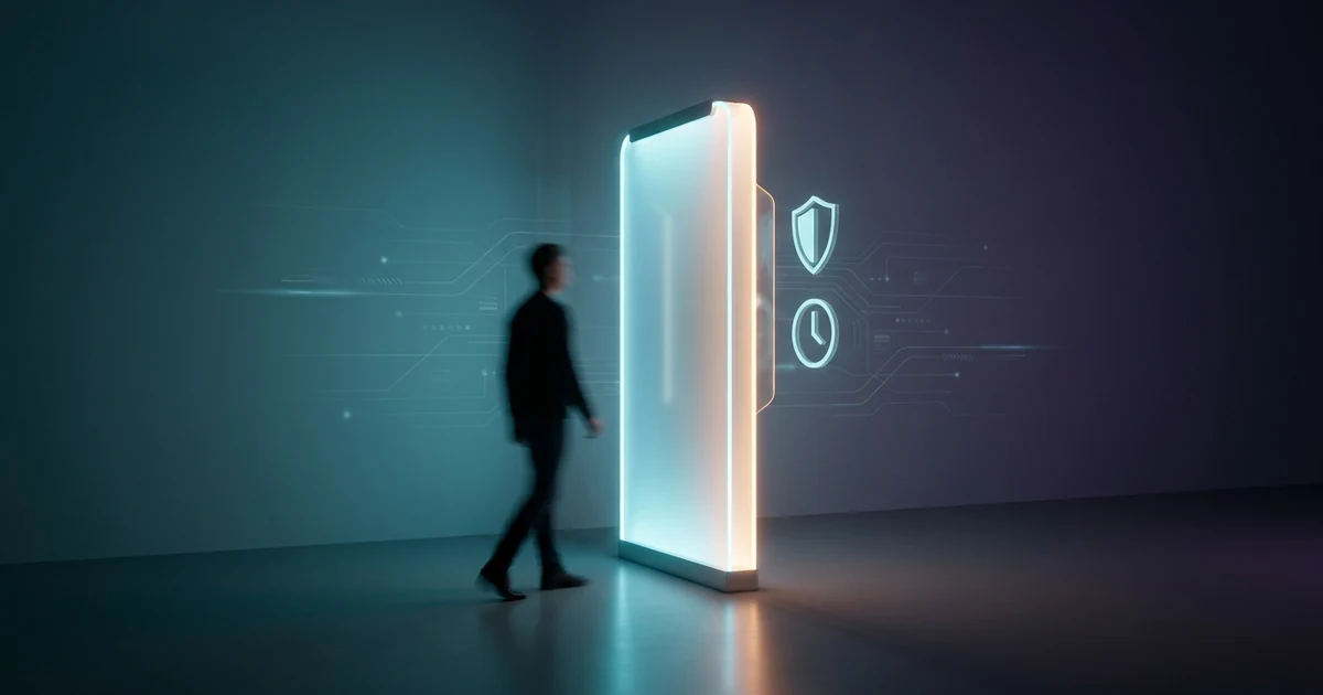 A stylised age-verification checkpoint: a person approaching a glowing digital gate, evoking lightweight age gating for age-restricted platforms.