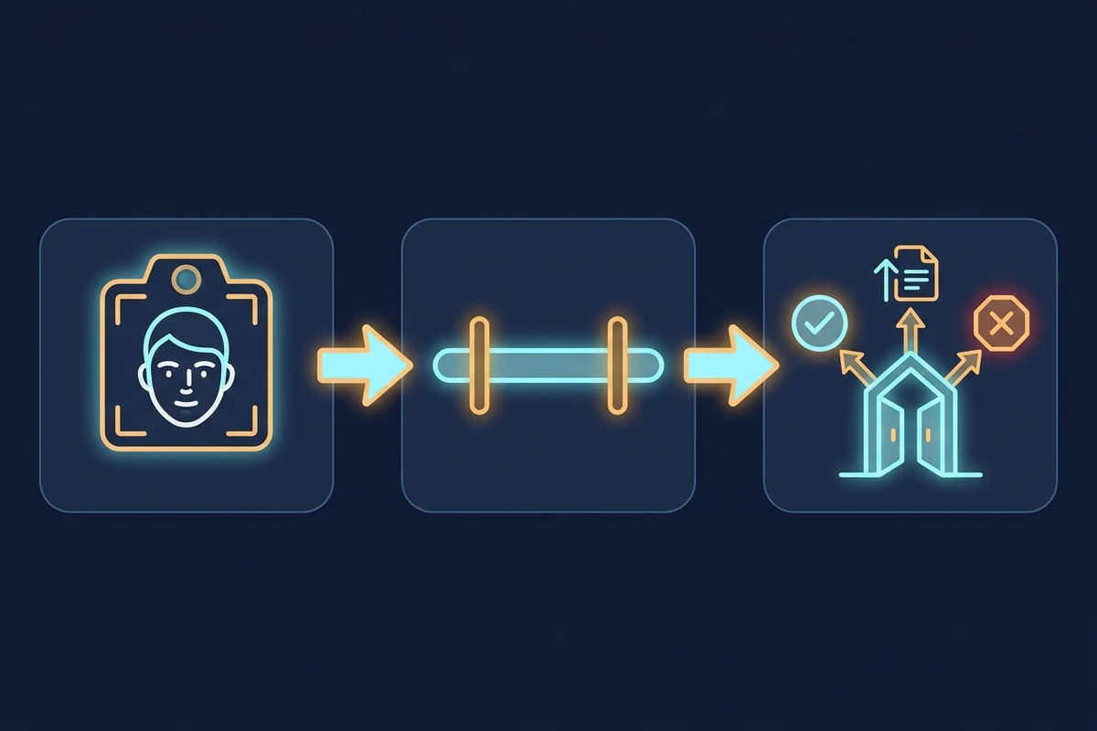 Age estimation flow diagram: a face is captured, the API returns an age range with a confidence band, and a gating decision splits into pass, escalate to ID verification, or block.