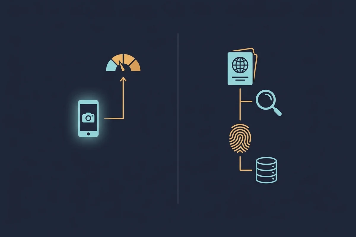 Side-by-side comparison: a lightweight age-estimation signal from a phone camera on the left, and a full KYC verification stack with passport, magnifying glass, fingerprint, and database on the right.