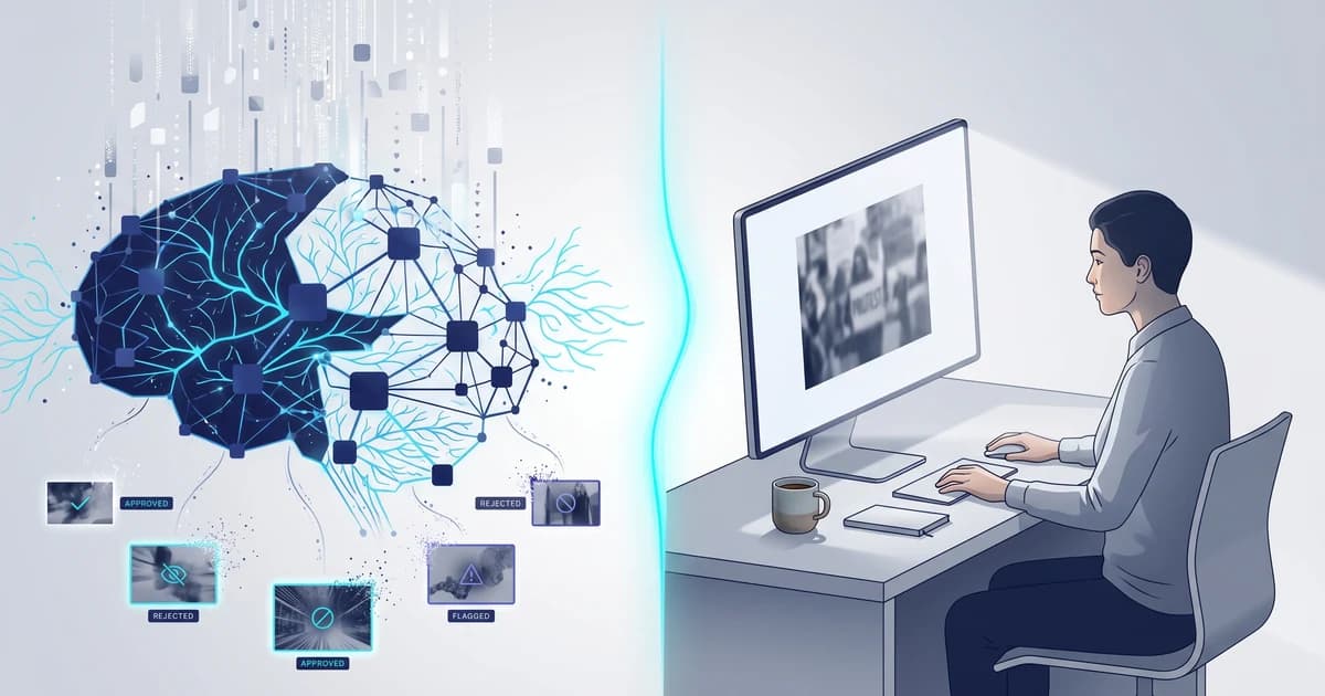 Three operating models for image moderation compared side-by-side: AI only, human only, and the recommended hybrid pipeline where the API gates every upload and humans handle the borderline queue.
