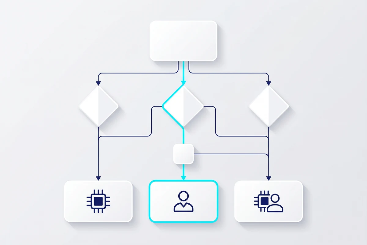 Decision tree: users upload images? subject to DSA, OSA, or sectoral law? upload volume? trusted audience? Outcomes lead to hybrid required, hybrid, human-only acceptable, or hybrid for cost reasons.