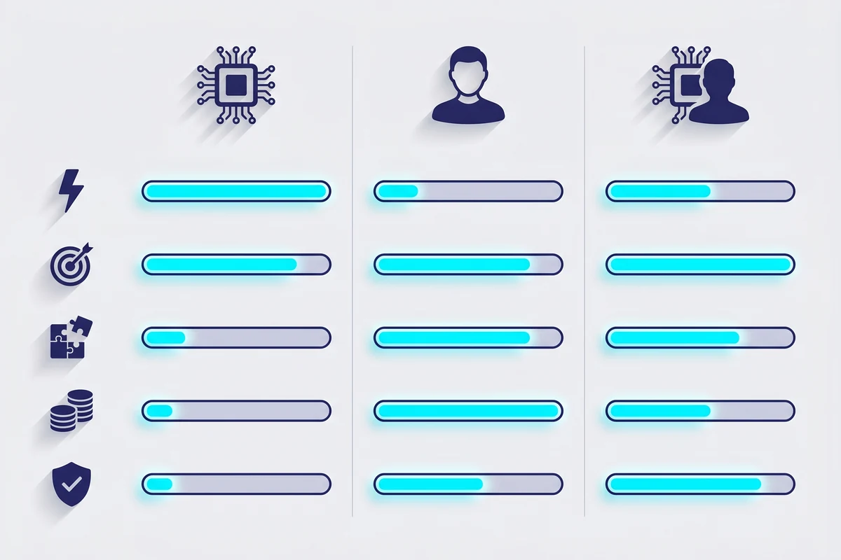 Comparison grid: speed, accuracy, cost, edge cases, and legal liability rated across AI-only, human-only, and hybrid moderation. Hybrid is the consistently strong column.