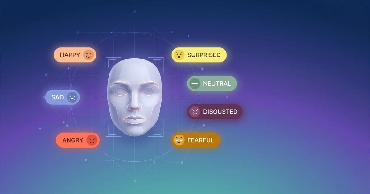 Abstract stylised face silhouette with seven coloured indicators radiating outward, representing the seven emotions returned by the face emotion detection API.