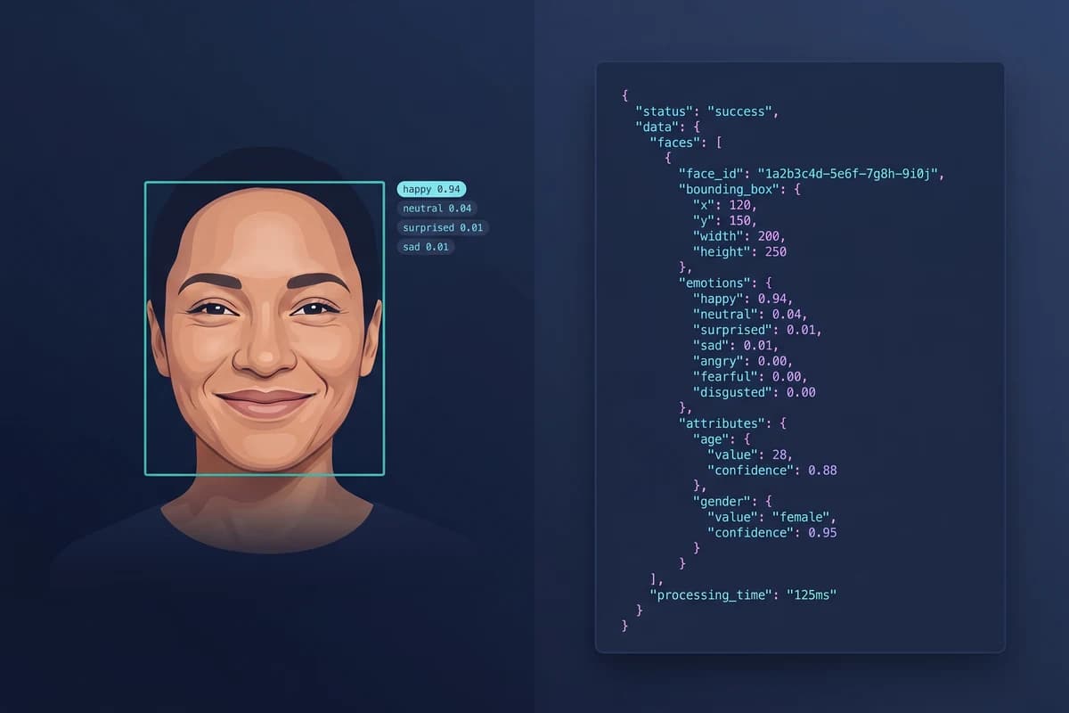 A sample face inside a cyan bounding box with a ranked list of all seven emotion scores beside it, plus a JSON snippet showing the detect-face-emotions response structure.