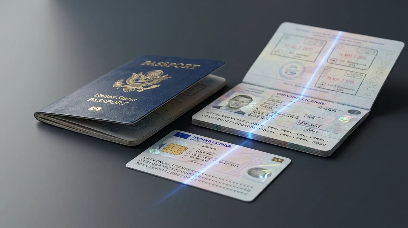 A driving licence being scanned by an OCR API and returning structured JSON fields including name, date of birth, and document number.