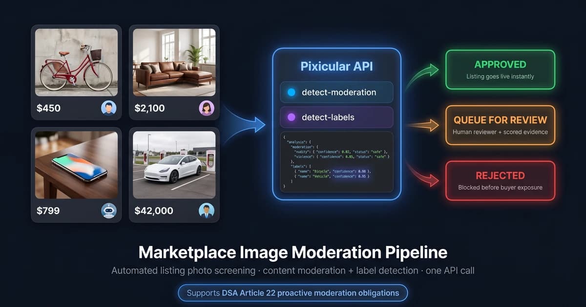 Marketplace listing photos passing through an automated image moderation pipeline, routed to approve, queue for review, or reject outcomes.