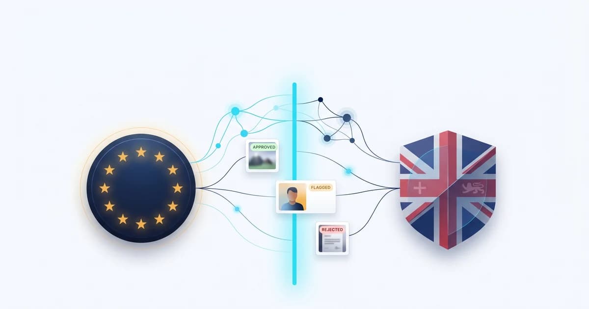 Compliance overview for image moderation under the EU Digital Services Act and the UK Online Safety Act: notice-and-action, proactive detection, and transparency reporting connected to an automated detection layer.