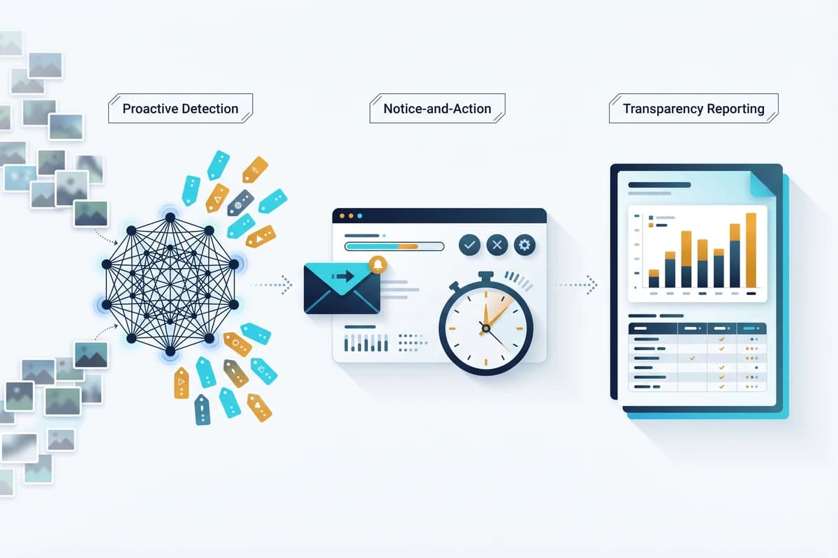 Compliance flow diagram: user upload, automated detection by the API, policy router, and human review feed three downstream workflows — notice-and-action, proactive detection and transparency reporting.