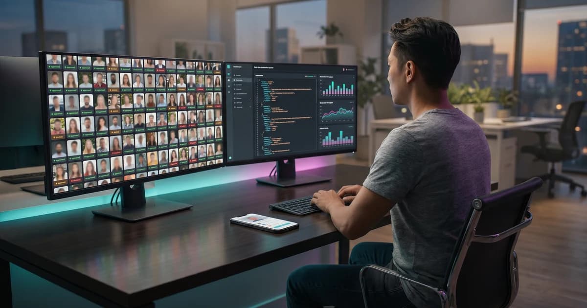 Dating-app profile photos flowing through an automated moderation pipeline that combines NSFW detection and age estimation.