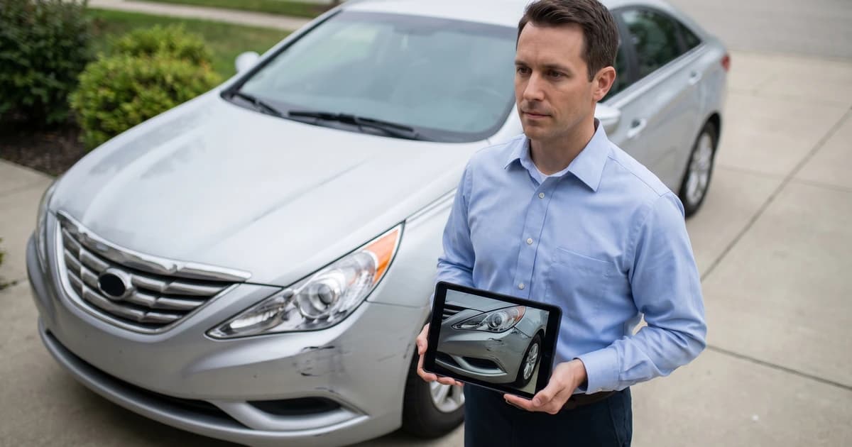 An insurance claims inspector standing beside a damaged silver sedan, holding a tablet that frames the dented front bumper through its camera.