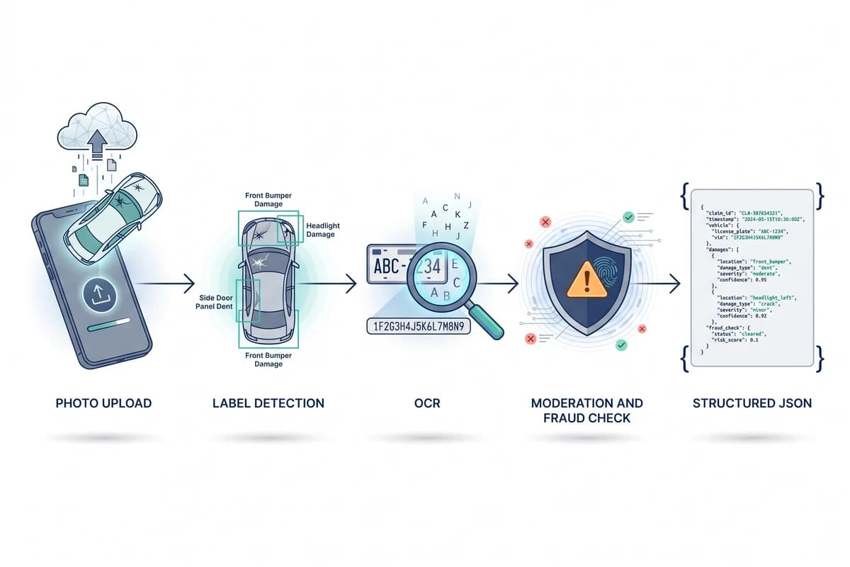 Insurance claim photo analysis pipeline diagram: photo upload, label detection of damaged vehicle parts, OCR for VIN and licence plate, moderation and fraud check, and structured JSON output.