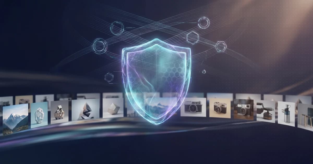 Translucent shield over a stream of moderated image thumbnails, representing the Pixicular NSFW detection API.