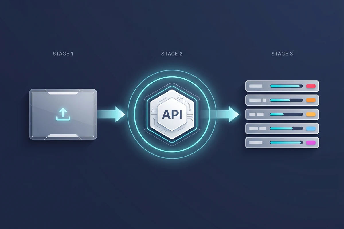 Three-stage pipeline diagram: image upload, Pixicular API gateway, and a JSON-style result panel with one confidence bar per moderation category.