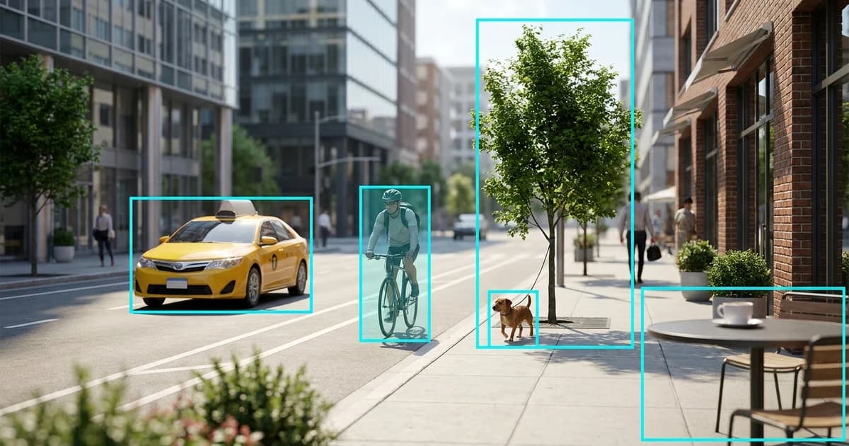 A photorealistic urban street scene with cyan bounding boxes drawn around a yellow taxi, a cyclist, a small dog, a tree, and a cafe table — illustrating an object and label detection API.