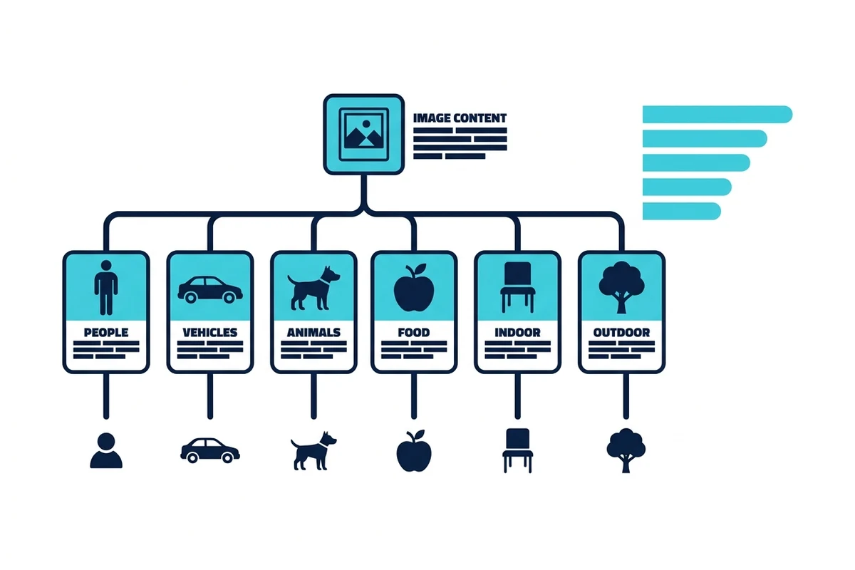 Label taxonomy tree branching from image content into six top-level themes — people, vehicles, animals, food, indoor, outdoor — beside a horizontal bar chart suggesting ranked confidence scores.