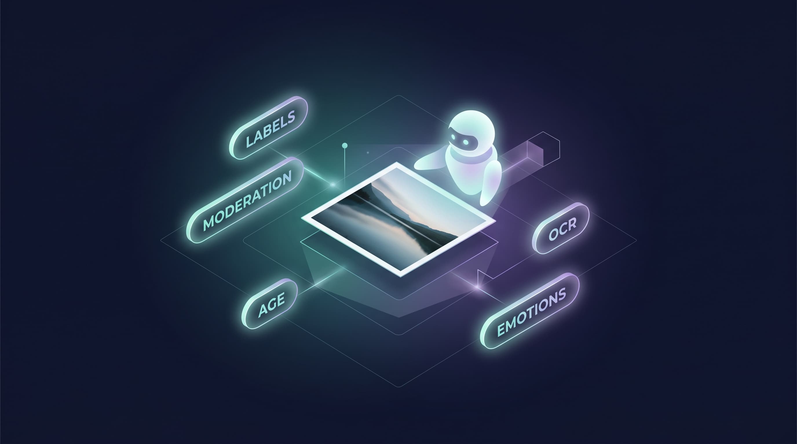 Illustration of a single image being analyzed and returning multiple results — labels, moderation, age, OCR and emotions — from one API call.