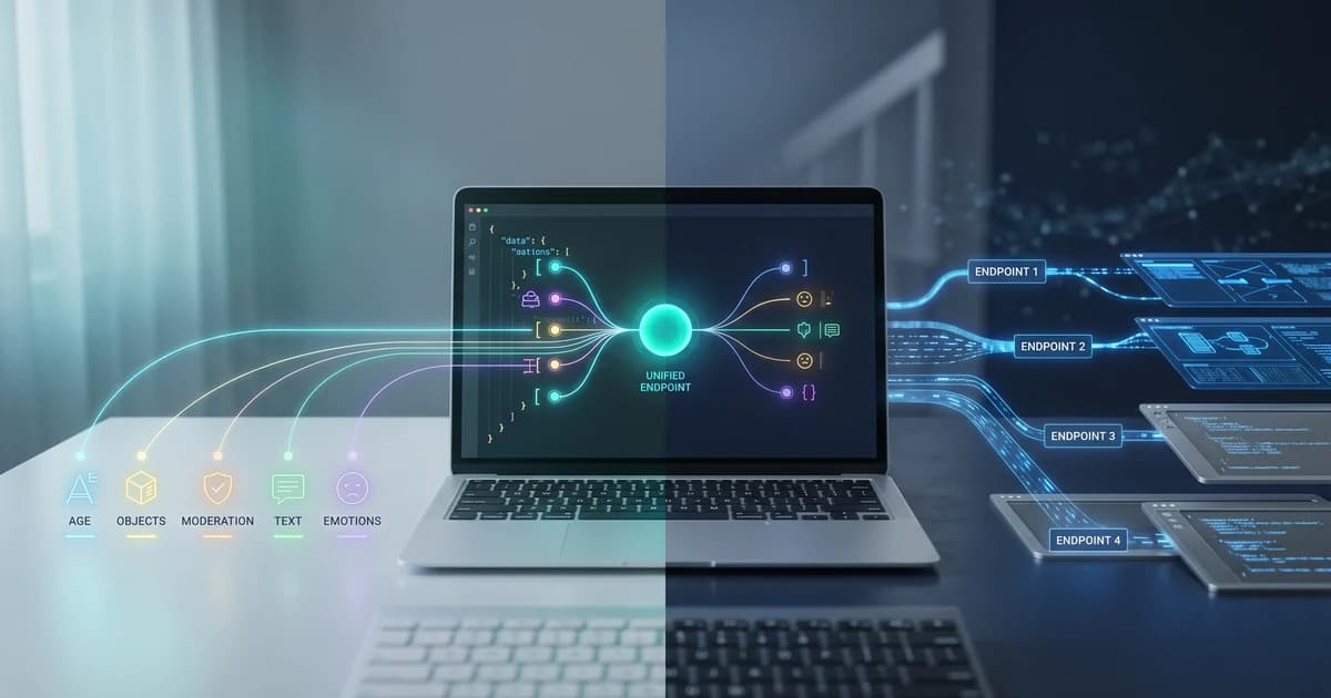 Split-frame illustration comparing Pixicular and Google Cloud Vision API response panels connected by data flow lines.