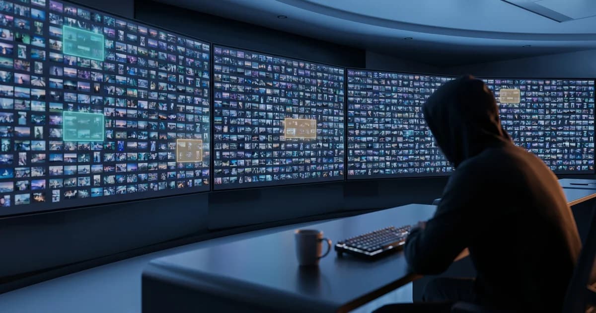 Trust-and-safety control room with a wall of moderated user-uploaded image thumbnails flowing through a Pixicular-style pipeline.