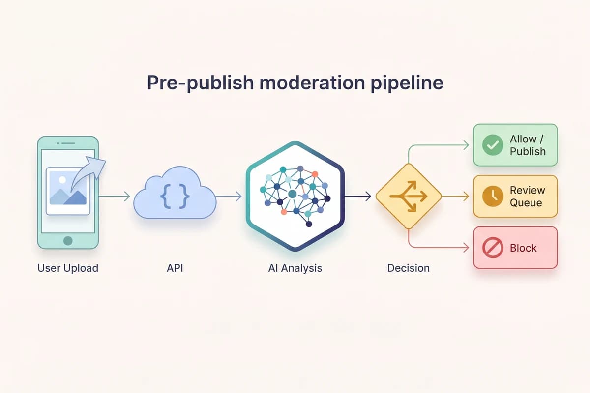 Four-stage pre-publish moderation pipeline: user upload, POST /v1/detect call with detect-moderation and detect-labels services, JSON scores and labels returned, your backend applying thresholds and routing to auto-approve, queue for review, or auto-block.