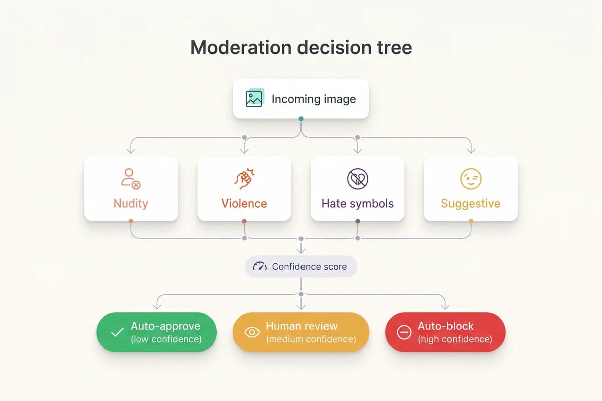 Decision tree from a Pixicular moderation response: branches for nudity, sexual activity, violence, suggestive, and prohibited-label categories, each splitting by confidence threshold into auto-block, queue for review, or auto-approve.