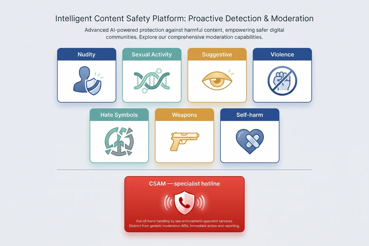 Categories of harmful content classified by automated moderation: nudity, sexual activity, suggestive, violence, drug use, hate symbols, weapons, self-harm, with CSAM routed to specialist systems.